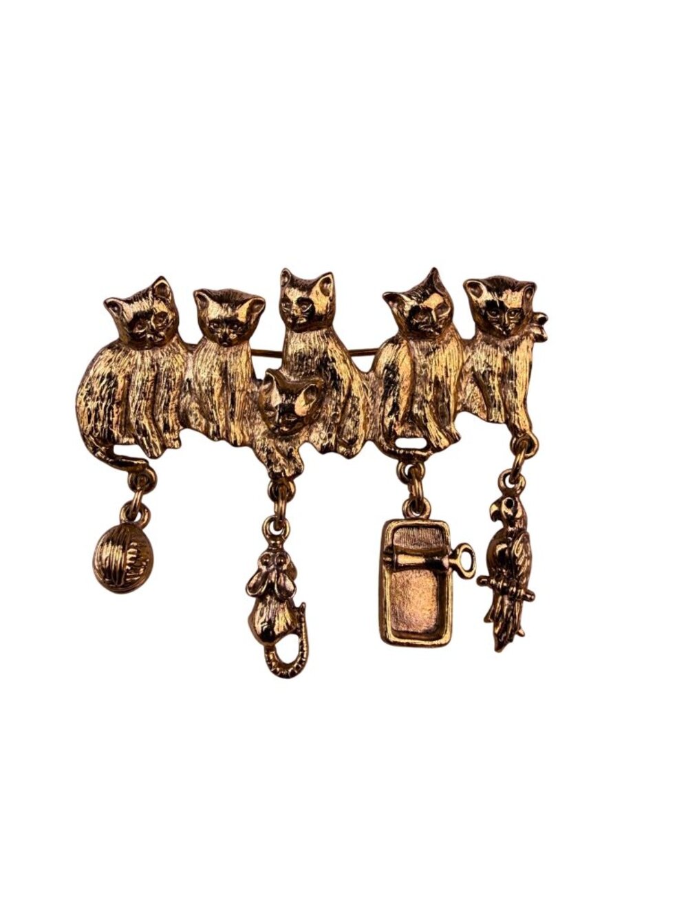 Vintage Womens Gold Tone Metal Cat Brooch With Dangling Charms